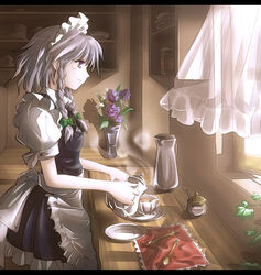  black_tea bow braid commentary_request cowboy_shot cup cupboard curtains day female flower from_side green_bow grey_hair hairbow holding holding_teapot izayoi_sakuya jar kitchen letterboxed light_blush light_rays looking_ahead looking_down maid maid_headdress medium_hair napkin open_window plate pouring profile purple_eyes saucer shirosa side_braids sideways_mouth smile solo spoon steam sunlight tea teacup teapot touhou twin_braids vase white_flower window 