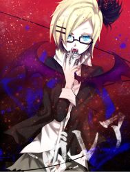  bad_id bad_pixiv_id bespectacled blonde_hair blue_eyes female glare_(vocaloid) glasses hair_ornament hair_ribbon hairclip kagamine_rin microphone microphone_stand okra_boom ribbon short_hair skirt solo vampire vocaloid 