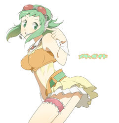  commentary_request female goggles goggles_on_head green_eyes green_hair grin gumi hayato_(meromoni) pointing smile solo vocaloid 