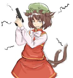  animal_ears brown_eyes brown_hair cat_ears cat_tail chen commentary_request earrings female gun handgun hat jewelry m1911 michael-x multiple_tails short_hair smirk solo tail touhou weapon 