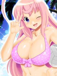  ahoge bikini blue_eyes blush breasts cleavage commentary_request day dokitto!_bikini-pai female large_breasts long_hair mizusawa_hanon one_eye_closed pink_bikini pink_hair solo swimsuit v zouzou 