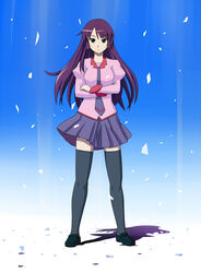  absurdres asu_(hengaya) bakemonogatari blue_eyes commentary_request crossed_arms female highres long_hair miniskirt monogatari_(series) naoetsu_high_school_uniform necktie purple_hair school_uniform senjougahara_hitagi skirt solo thighhighs zettai_ryouiki 