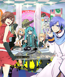  3boys 3girls aqua_eyes aqua_hair asaki_(pixiv32096) bad_id bad_pixiv_id blonde_hair blue_eyes blue_hair blue_scarf brown_eyes brown_hair crop_top detached_sleeves gloves hair_ornament hair_ribbon hairclip hatsune_miku headphones headset holding_hands kagamine_len kagamine_rin kaito_(vocaloid) kamui_gakupo meiko_(vocaloid) microphone microphone_stand midriff multiple_boys multiple_girls necktie radio_booth ribbon scarf short_hair shorts skirt smile studio thighhighs twintails v vocaloid 