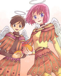  1boy angel angel_wings bad_id bad_pixiv_id blush dragon_quest dragon_quest_ix female food fruit halo hero_(dq9) heroine_(dq9) pink_hair purple_eyes shibaichi short_hair skirt smile wings 