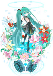  aqua_eyes aqua_hair commentary_request detached_sleeves female flower hatsune_miku headphones highres katou_kouki long_hair microphone necktie skirt smile solo speaker thighhighs twintails very_long_hair vocaloid 