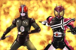  2boys antennae bad_id bad_pixiv_id belt decadriver denji_(mugitomato) kamen_rider kamen_rider_black_rx kamen_rider_black_rx_(series) kamen_rider_dcd kamen_rider_decade multiple_boys standing 