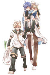  2boys asaki_(pixiv32096) bag blonde_hair blue_eyes blue_hair blue_scarf closed_eyes commentary_request female groceries grocery_bag hair_ornament hair_ribbon hairclip holding kagamine_len kagamine_rin kaito_(vocaloid) multiple_boys necktie ribbon scarf shopping_bag short_hair shorts siblings simple_background smile spring_onion twins vocaloid 