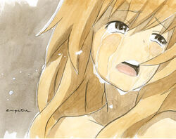  aisaka_taiga blonde_hair brown_eyes commentary_request crying crying_with_eyes_open female long_hair md5_mismatch open_mouth painting_(medium) qurm_(enpitsu) solo streaming_tears tears toradora! traditional_media watercolor_(medium) 