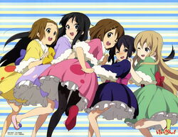  5girls akiyama_mio black_eyes black_hair blue_dress blue_eyes blush brown_eyes brown_hair dress feet full_body fur-trimmed_dress fur_trim green_dress hairband highres hirasawa_yui k-on! kotobuki_tsumugi long_hair multiple_girls nakano_azusa nyantype official_art one_eye_closed pantyhose pink_dress purple_dress sandals short_hair tainaka_ritsu toes utsumi_hiroko very_long_hair yellow_dress yellow_eyes 