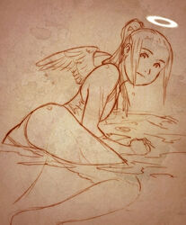  aaru_sentou_shuudan angel bad_link female flat_chest from_behind haibane_renmei halo hikari_(haibane) monochrome one-piece_swimsuit orange_theme sketch solo swimsuit traditional_media water wet wings 