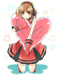  asaki_(pixiv32096) bad_id bad_pixiv_id brown_eyes brown_hair female gloves headphones heart kneeling meiko_(vocaloid) sakine_meiko short_hair skirt smile solo vocaloid 