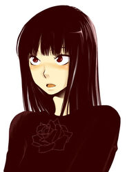  akenoko bad_id bad_pixiv_id blunt_bangs blush brown_eyes brown_hair eyelashes female flower kimi_ni_todoke kuronuma_sawako looking_up open_mouth photoshop_(medium) simple_background solo sweater upper_body 