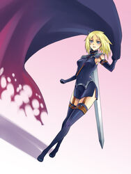  armor blonde_hair cape claymore_(series) commentary_request elbow_gloves female gloves grey_eyes haru_susaku miria_(claymore) photoshop_(medium) short_hair solo sword thighhighs weapon 