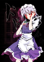  blood blood_on_face braid commentary_request female grey_hair hairband izayoi_sakuya jojo_no_kimyou_na_bouken maid painfultree photoshop_(medium) red_eyes ribbon short_hair solo touhou twin_braids 