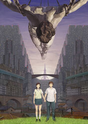  1boy absurdres bridge building chains christ_of_saint_john_of_the_cross cityscape commentary_request couple female fine_art_parody grass hair_ornament hairpin highres holding_hands legs nababa night original outdoors parody photoshop_(medium) rooftop salvador_dali_(style) school_uniform skirt sky skyscraper standing star_(symbol) straight surreal tokyo_tower 