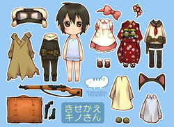  androgynous animal_ears ari-ko bad_id bad_pixiv_id barefoot black_hair bow cat_ears chibi coat dress female fur_hat gakuen_kino goggles gun hairbow handgun hat japanese_clothes kino_(kino_no_tabi) kino_no_tabi kisekae lingerie paper_doll reverse_trap rifle school_uniform serafuku shirt short_hair solo suitcase thighhighs underwear weapon 