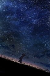  absurdres arm_at_side arm_up black_hair commentary_request dutch_angle female fuki_(mushishi) grass highres japanese_clothes kimono mushishi night night_sky obi sash short_hair sky solo standing star_(sky) starry_sky string yatsude 