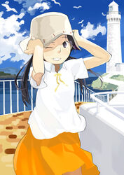  blush cloud commentary_request day female hat lighthouse lolicon long_hair one_eye_closed original sky solo wind yukihiroyuki 