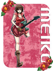  asaki_(pixiv32096) bad_id bad_pixiv_id boots breasts brown_eyes brown_hair camellia character_name cleavage female flower guitar holding holding_guitar holding_instrument instrument large_breasts meiko_(vocaloid) outline red_flower short_hair smile solo vocaloid white_outline 