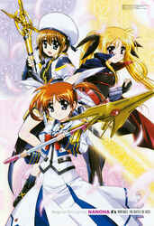  3girls absurdres bardiche_(nanoha) bardiche_(zanber_form)_(nanoha) blonde_hair blue_eyes brown_hair clenched_hand energy_sword fate_testarossa fate_testarossa_(lightning_form) feathers fingerless_gloves gloves hat highres long_hair lyrical_nanoha magical_girl mahou_shoujo_lyrical_nanoha mahou_shoujo_lyrical_nanoha_a&#039;s mahou_shoujo_lyrical_nanoha_a&#039;s_portable:_the_battle_of_aces megami_magazine miniskirt multiple_girls official_art okuda_yasuhiro open_mouth photoshop_(medium) polearm purple_eyes raising_heart raising_heart_(exelion_mode) red_eyes ribbon scan schwertkreuz short_hair skirt smile spear staff sword takamachi_nanoha takamachi_nanoha_(sacred_mode) thighhighs twintails weapon yagami_hayate 