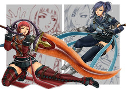  2girls belt black_thighhighs blue_eyes blue_hair boots breasts commentary_request elbow_gloves gloves huge_weapon large_breasts lipstick makeup miniskirt mole mole_under_mouth monster_hunter_(character) monster_hunter_(series) multiple_girls polearm red_eyes red_hair red_thighhighs ribbon short_hair side_ponytail skirt smile spear strap sword thigh_strap thighhighs toguchi_masaya weapon zettai_ryouiki zoom_layer 