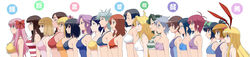  6+girls ahoge amae_koromo angry animal_ears bikini blonde_hair breasts bundou_seika bust_chart closed_eyes everyone fukabori_sumiyo fukuji_mihoko glasses grey_hair haramura_nodoka highres ikeda_kana inoue_jun kajiki_yumi kanbara_satomi kataoka_yuuki kunihiro_hajime lineup maruto! miyanaga_saki multiple_girls pink_hair profile purple_hair rabbit_ears ribbon ryuumonbuchi_touka saki_(manga) sawamura_tomoki senoo_kaori someya_mako striped swimsuit takei_hisa touyoko_momoko translation_request tsuyama_mutsuki wide_image yoshitome_miharu 