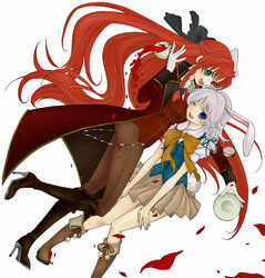  2girls alice_in_wonderland animal_ears bad_id bad_pixiv_id blue_eyes boots braid cosplay cup gloves green_eyes grey_hair high_heels hong_meiling izayoi_sakuya knee_boots long_hair mad_hatter_(alice_in_wonderland) mad_hatter_(alice_in_wonderland)_(cosplay) march_hare_(alice_in_wonderland) march_hare_(alice_in_wonderland)_(cosplay) mitsuko multiple_girls one_eye_closed pendant_watch petals photoshop_(medium) rabbit_ears rabbit_tail red_hair rose_petals shoes short_hair tail tea teacup touhou twin_braids watch 