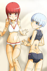  2girls ass azuma_doguu blue_eyes blue_hair busou_shinki commentary_request doll_joints fubuki_(busou_shinki) joints lying mizuki_(busou_shinki) multiple_girls on_back red_eyes red_hair swimsuit 