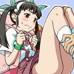  backpack bad_id bad_pixiv_id bag bakemonogatari bandaid bandaid_on_knee bandaid_on_leg black_hair blush bracelet commentary embarrassed female hachikuji_mayoi headband jewelry lowres monogatari_(series) no_panties red_eyes ribbon solo_focus sweat twintails yuuya_(yu-ya&#039;s) 