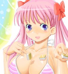  bikini breasts cleavage female haramura_nodoka holding holding_mahjong_tile large_breasts mahjong mahjong_tile pink_bikini pink_hair saki_(manga) solo striped_bikini striped_clothes swimsuit twintails upper_body zouzou 