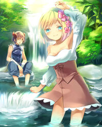  1boy armpits bad_id bad_pixiv_id bare_shoulders blonde_hair blush breasts brown_hair cleavage contrapposto female flower forest hair_flower hair_ornament hamamo long_hair long_sleeves medium_breasts nature original overalls plant river short_hair spread_legs standing tree wading water waterfall 