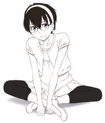  1boy androgynous commentary_request crossdressing dress flat_chest glasses greyscale hairband hourou_musuko leggings male_focus monochrome ninomiya_fumiya otoko_no_ko sawa_jaaji short_hair solo 