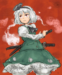  bow commentary_request female frown hairbow hitodama konpaku_youmu konpaku_youmu_(ghost) michael-x red_eyes short_hair solo sword touhou weapon white_hair 