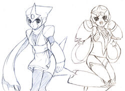  2girls :d breasts commentary_request fishnets genderswap_(mtf) hands_up happy jiayu_long medium_breasts mega_man_(classic) mega_man_(series) mega_man_3 mega_man_5 monochrome multiple_girls ninja open_mouth photoshop_(medium) rule_63 scarf shadow_man_(mega_man) shuriken sketch smile star_(symbol) star_man_(mega_man) thighhighs weapon zettai_ryouiki 