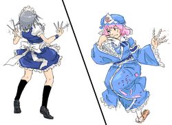  2girls :t battle blood commentary_request dango duel food grey_hair hat izayoi_sakuya knife maid maid_headdress michael-x multiple_girls oekaki pink_eyes pink_hair saigyouji_yuyuko sandals short_hair skewer torn_clothes touhou wagashi wryyyyyyyyyyyyyyyyyyyy 