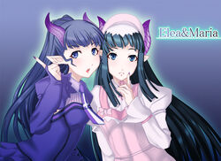  2girls black_hair blassreiter blue_eyes blue_hair blush bonnet bridal_gauntlets commentary_request cross demon_girl dress eihou_(syou1022) elea finger_to_mouth fingernails flat_chest gothic_lolita horns lolita_fashion long_fingernails long_hair maria_(blassreiter) multiple_girls necktie open_mouth pale_skin pointing pointy_ears ponytail smile very_long_hair 