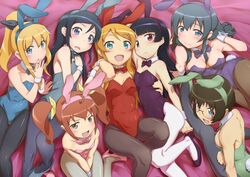  3: 6+girls 7girls :3 :d ahoge animal_ears aqua_eyes aragaki_ayase back bare_shoulders between_thighs black_hair black_legwear black_pantyhose blonde_hair blue_eyes blue_hair blue_legwear blue_pantyhose blush bow bowtie breasts bridget_evans brown_eyes brown_hair bunny_costume bunny_ears bunny_girl bunny_tail bunnysuit cleavage collar color cute_fang detached_collar fake_animal_ears female flat_gaze glasses gokou_ruri green_eyes hair hair_ornament hairband hairclip high_heels hug human kanna_asuke kousaka_kirino kurusu_kanako legs leotard letterboxed long_hair looking_back lying lying_down makishima_saori megane mole multiple_girls official_style on_back on_side open_mouth orange_hair ore_no_imouto_ga_konna_ni_kawaii_wake_ga_nai pantyhose petite pettanko ponytail purple_eyes red_eyes red_hair revision shoes short_hair sitting small_breasts smile tail tamura_manami thighs tied_hair twintails v_arms white_legwear white_pantyhose wrist_cuffs 