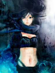  bikini bikini_top_only black_hair blue_eyes coga commentary_request cropped_jacket female flower jacket long_hair midriff navel original photoshop_(medium) scarf solo swimsuit wind 