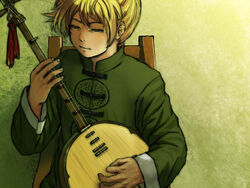  1boy blonde_hair chair chinese_clothes closed_mouth green_background half-closed_eyes horuda instrument kagamine_len long_sleeves male_focus moon_lute music photoshop_(medium) playing_instrument sitting solo tassel tsumugi_uta_(vocaloid) upper_body vocaloid wooden_chair 