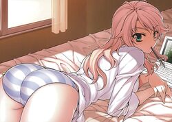  ass bed blonde_hair caroline computer female green_eyes laptop looking_back lying mouth_hold on_stomach panties pen solo soo-hyon_lee striped_clothes striped_panties unbalance_unbalance underwear 