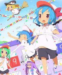  &gt;_&lt; 5girls ^^^ alternate_costume armenian_flag belgian_flag blonde_hair blue_hair broom broom_riding chilean_flag circled_9 cirno closed_eyes confetti daiyousei danish_flag dutch_flag falling fangs flag flags_of_all_nations gym_shorts gym_uniform hat irish_flag italian_flag japanese_flag kareha_aki kirisame_marisa lesothan_flag lithuanian_flag multiple_girls nigerian_flag patchouli_knowledge polish_flag racing remilia_scarlet romanian_flag running shorts skull south_korean_flag spanish_flag sports_festival string_of_flags swedish_flag touhou ukrainian_flag vietnamese_flag 