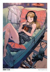  1984_(novel) absurdres barefoot book brown_hair closed_eyes couch feet feline female headphones highres lingerie listening_to_music long_hair lying nail_polish nightgown original pillow sleeping smile solo toenail_polish toenails ultrasone underwear watermark web_address yoshinari_you 