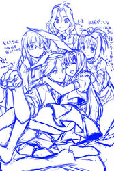  5girls amae_koromo blue_theme feet g-tetsu hug inoue_jun kunihiro_hajime monochrome multiple_girls ryuumonbuchi_touka saki_(manga) sawamura_tomoki sketch smile 