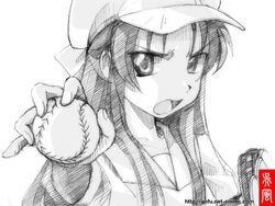  baseball commentary_request female gofu greyscale monochrome ogasawara_akiko sketch solo spot_color taishou_yakyuu_musume traditional_media 