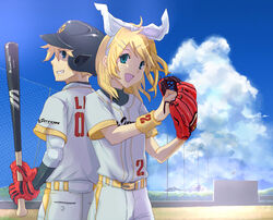  1boy aqua_eyes back-to-back baseball baseball_bat baseball_helmet baseball_mitt baseball_uniform blonde_hair brother_and_sister clothes_writing cloud day female gloves hair_ornament hair_ribbon hairclip hat helmet kagamine_len kagamine_rin katagiri ribbon short_hair siblings sky smile sportswear twins vocaloid 