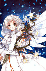  bouquet clamp_(circle) clover_(manga) female flower green_eyes holding lamp lily_(flower) long_sleeves official_art short_hair snow solo steampunk suu_(clover) white_hair wings winter 