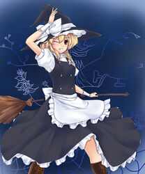  apron blonde_hair boots braid broom brown_eyes buttons commentary_request dress female grin hair_ribbon hat hiiragi_mitsuna kirisame_marisa one_eye_closed ribbon short_hair smile solo touhou witch_hat 