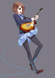  absurdres bad_id bad_pixiv_id beck brown_eyes brown_hair bullet_hole commentary_request electric_guitar female gibson_les_paul guitar hamada_youho highres hirasawa_yui instrument k-on! legs lucille_(beck) pantyhose photoshop_(medium) sakuragaoka_high_school_uniform school_uniform solo 