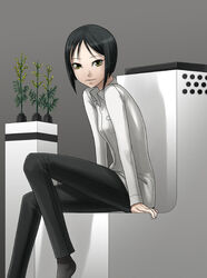  black_hair bob_cut commentary_request dress_shirt female original plant shirt short_hair sitting solo yellow_eyes zou_azarashi 