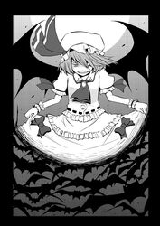  bat_(animal) bat_wings bow bowing commentary_request curtsey female full_moon greyscale grin hair_over_one_eye hat highres karu_(ishiken) millipen_(medium) monochrome moon nib_pen_(medium) partial_commentary remilia_scarlet skirt_hold smile solo touhou traditional_media wings 